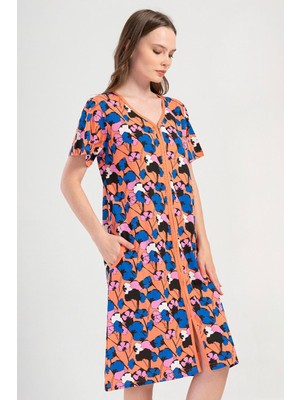 Vienetta Kadın Büyük Beden Kısa Kol Fermuarlı Mercan Ev Elbisesi C5T4N0804