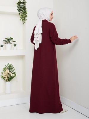Esra Butik Selanik Kumaş Yarım Fermuarlı Boydan Elbise – 145 cm Uzun Tesettür Elbise Bordo