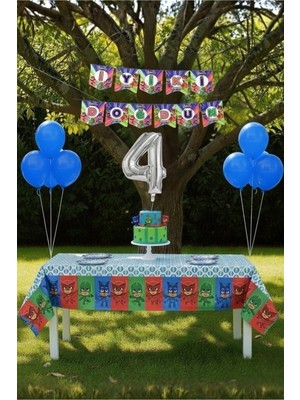 Umamiçe Pijamaskeliler Temalı 4 Yaş Doğum Günü Parti Seti – Masa Örtüsü + Banner + Balonlar