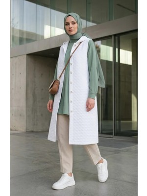 Kapitone Düğmeli Yelek 71314-03 Beyaz