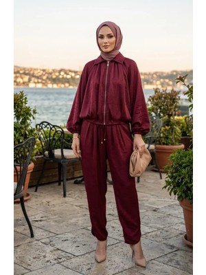 Fermuarlı Krinkıl Saten Ikili Takım 71329-02 Bordo
