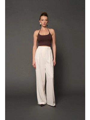 Thalure Kadın Ekru Pileli Geniş Paça Pantolon