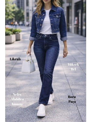 Cedy Denim Kadın Boru Paça Yüksek Bel Regular Fit Likralı Pantolon C607 Rahat Kullanım