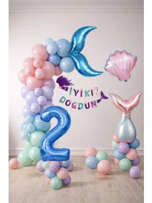 Patladı Gitti Deniz Kızı Temalı 2 Yaş Doğum Günü Balon Süsleme Seti – Pastel Renkli Parti Dekorasyon Seti