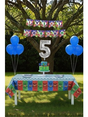 Umamiçe Pijamaskeliler Temalı 5 Yaş Doğum Günü Parti Seti – Masa Örtüsü + Banner + Balonlar