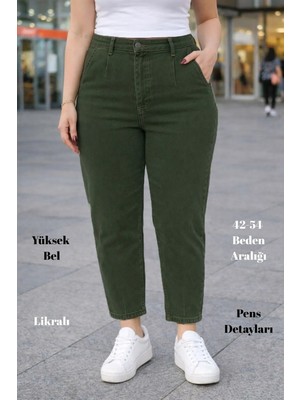 Cedy Denim Cedy Kadın Büyük Beden Pileli Mom Jean Pantolon C600 Dropsuz Haki Renk Günlük Stil