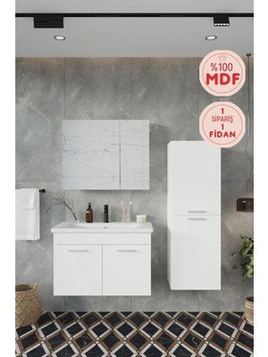 Balneom Defne 80 Cm %100 Mdf Banyo Dolabı Aynalı Dolaplı Üst Dolap Lavabo Boy Dolabı