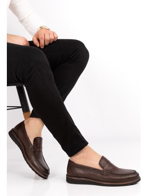 DepDeri Erkek Ayakkabı Dikişli Deri Kahve Bağcıksız Termo Poliüretan Taban