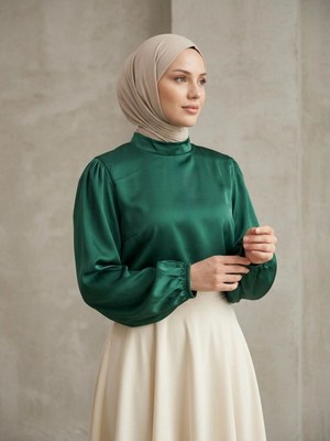 Miostil Arka Fermuar Detay Saten Tunik-Zümrüt Yeşili