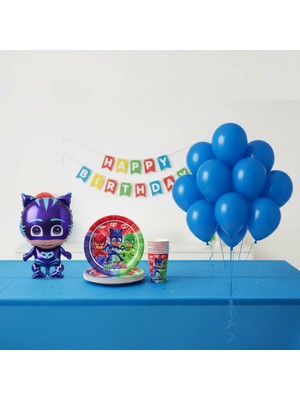 Umamiçe Pijamaskeliler Parti Seti – 10 Mavi Balon + 8'li Tabak Bardak + Folyo Balon(B)