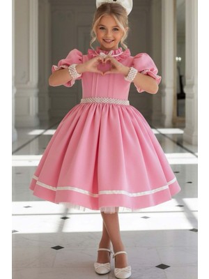 Riccotarz Kız Çocuk Palyaço Yaka ve Fırfırlı Beli Inci Şerit Detaylı Balon Kollu Kabarık Pembe Abiye