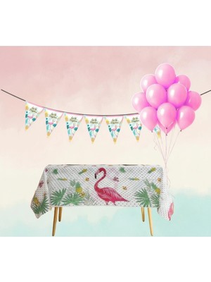 Umamiçe Flamingo Parti Seti – 10 Pembe Balon + Flama + Masa Örtüsü