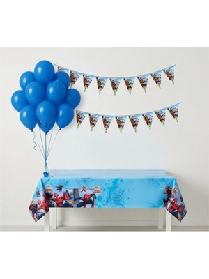 Umamiçe Örümcek Adam Parti Seti – 10 Mavi Balon + Flama + Masa Örtüsü