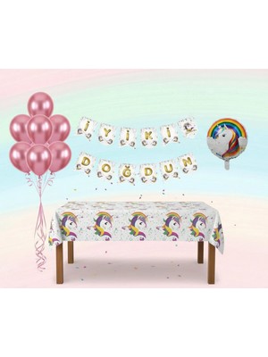 Umamiçe Unıcorn Parti Seti – 10 Pembe Balon + Banner + Folyo Balon + Masa Örtüsü