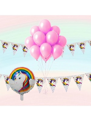 Umamiçe Unıcorn Parti Seti – 10 Pembe Balon + Flama + Folyo Balon
