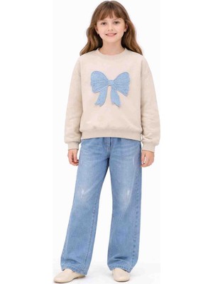 Kral Bebe Kız Çocuk Fiyonk Detaylı Sweatshirt & Jean Pantolon Takım