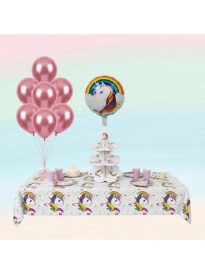 Umamiçe Unıcorn Parti Seti – 10 Pembe Balon + Folyo Balon + Kek Standı + Masa Örtüsü