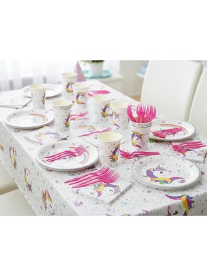 Umamiçe Unıcorn Parti Seti – 25'li Pembe Çatal + 8'li Peçete + 8'li Tabak Bardak + Masa Örtüsü