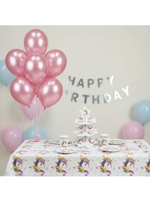 Umamiçe Unıcorn Parti Seti – 10 Pembe Balon + 8'li Tabak Bardak + Kek Standı + Masa Örtüsü