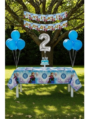 Umamiçe Frozen Elsa Temalı 2 Yaş Doğum Günü Parti Seti – Masa Örtüsü + Banner + Balonlar