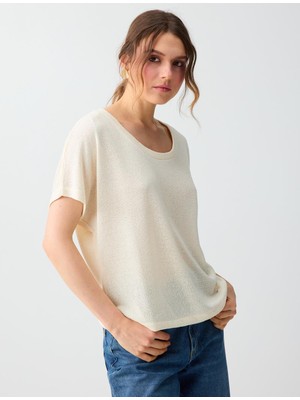 Jimmy Key Kırık Beyaz U Yaka Kısa Kollu Düz Kesim Örme Bluz