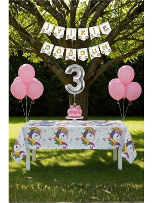 Umamiçe Unicorn Temalı 3 Yaş Doğum Günü Parti Seti – Masa Örtüsü + Banner + Balonlar