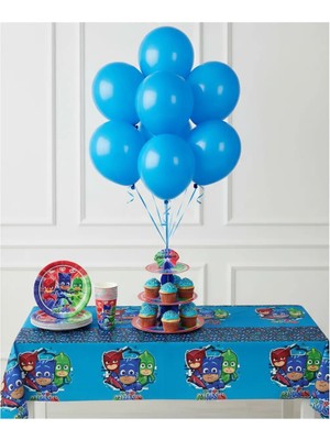 Umamiçe Pijamaskeliler Parti Seti – 10 Mavi Balon + 8'li Tabak Bardak + Kek Standı + Masa Örtüsü