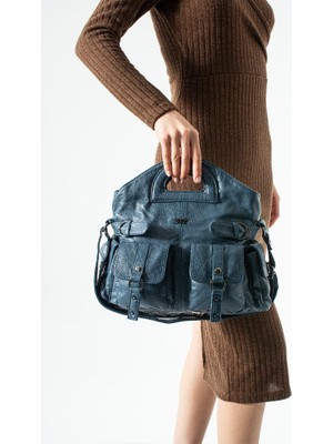 Baginn Yıkama Deri Kadın Elde Tutma Vegan-Suni Deri Çapraz Askılı Postacı Çanta 35*32 cm Kemer Detaylı