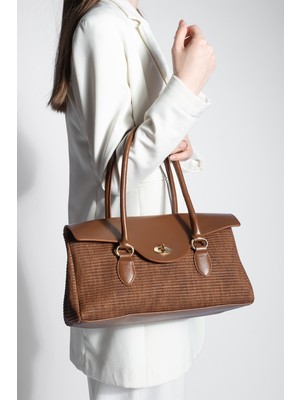 Marjin Kadın Hasır Görünümlü Kilit Kapama Iç Cepli El ve Omuz Çantası Zerun Taba