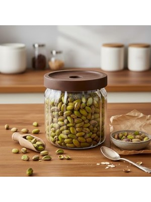 Adoz Shopping Akasya Kapaklı Çizgili Cam Kavanoz (450 Ml) | Hava Geçirmez, Modern Fitilli Tasarım Gıda Saklama Kabı | Baharat, Kuruyemiş, Atıştırmalık ve Kahve Kavanozu (9X10 Cm)