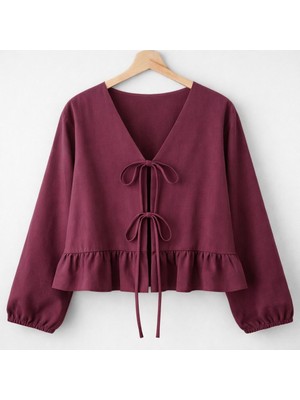 Cng Moda Önü Bağlamalı Fırfırlı Kimono Gömlek