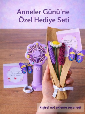 Rüya Kıyısı El Yapımı Lavanta & Papatya Buketi ve Çiçek Detaylı Şarjlı Masaüstü El Fanı – Anneler Günü Hediyesi