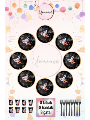 Umamiçe Uzay Temalı Tabak, Bardak ve Çatal Seti – 8 Adet Tabak + 8 Adet Bardak + 8 Adet Çatal
