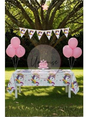 Umamiçe Unicorn Mini Parti Seti – Masa Örtüsü + Flama + 10 Metalik Pembe Balon