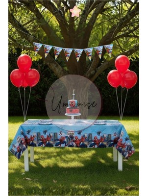 Umamiçe Örümcek Adam Mini Parti Seti – Masa Örtüsü + Flama + 10 Metalik Kırmızı Balon