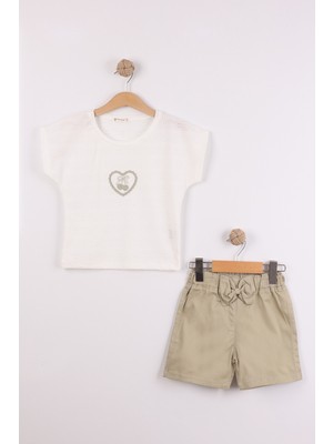 Joy Kids Kız Çocuk Klimalı Keten Şortlu Basic Takım (6-9yaş) (Ekru-Yeşil)