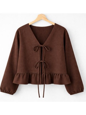 Cng Moda Önü Bağlamalı Fırfırlı Kimono Gömlek