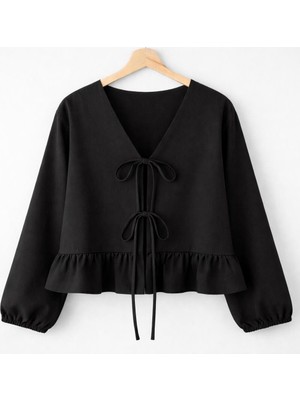 Cng Moda Önü Bağlamalı Fırfırlı Kimono Gömlek