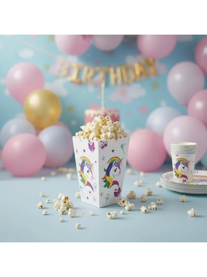 Umamiçe Unıcorn Parti Seti – 8'li Mısır Kutusu + 8'li Tabak Bardak + Masa Örtüsü