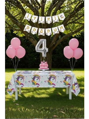 Umamiçe Unicorn Temalı 4 Yaş Doğum Günü Parti Seti – Masa Örtüsü + Banner + Balonlar