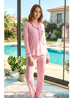 Remsa Kadın Kalp Desen Yumuşak Milan Kumaş Pijama Takımı 250347-13 PEMBE06