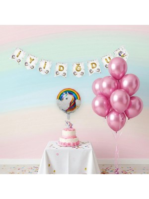 Umamiçe Unıcorn Parti Seti – 10 Pembe Balon + Banner + Folyo Balon