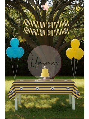 Umamiçe Sarı Lacivert Mini Parti Seti – Masa Örtüsü + Banner + 5 Metalik Mavi Balon + 5 Metalik Sarı Balon