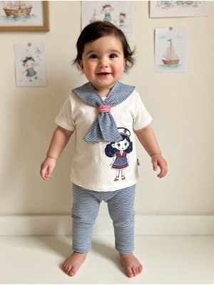 Minitix Denizci Temalı Kız Bebek 2’li Takım Çizgili Alt Baskılı Üst Pamuklu Yazlık Takım