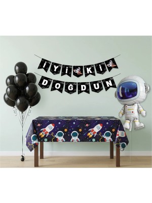 Umamiçe Uzay Parti Seti – 10 Siyah Balon + Banner + Folyo Balon + Masa Örtüsü