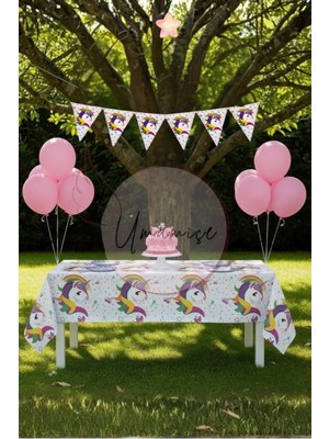 Umamiçe Unicorn Mini Parti Seti – Masa Örtüsü + Banner + 10 Metalik Pembe Balon