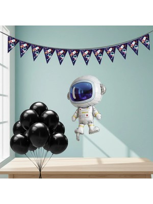 Umamiçe Uzay Parti Seti – 10 Siyah Balon + Flama + Folyo Balon