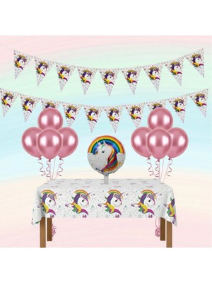Umamiçe Unıcorn Parti Seti – 10 Pembe Balon + Flama + Folyo Balon + Masa Örtüsü