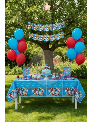 Umamiçe Sonic Mini Parti Seti – Masa Örtüsü + Banner + 5 Metalik Mavi Balon + 5 Metalik Kırmızı Balon