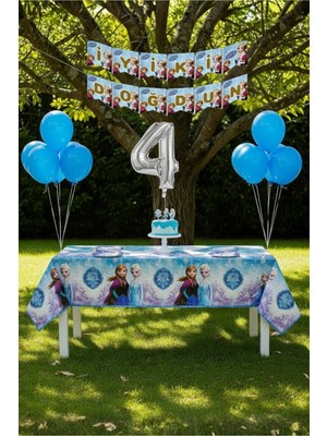 Umamiçe Frozen Elsa Temalı 4 Yaş Doğum Günü Parti Seti – Masa Örtüsü + Banner + Balonlar